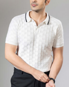 White Self Design Premium Flat Knit Polo T-Shirt