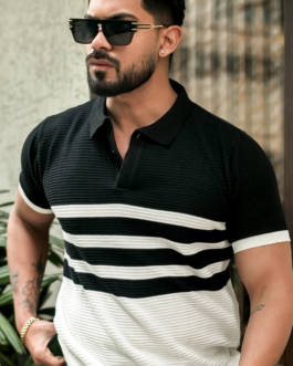 Black Premium Flat Knit Stripe Polo T-Shirt