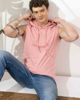 Pink Sleeveless Cotton Hooded T-Shirt