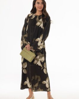 Green Floral Drawstring Sleeve Maxi Dress