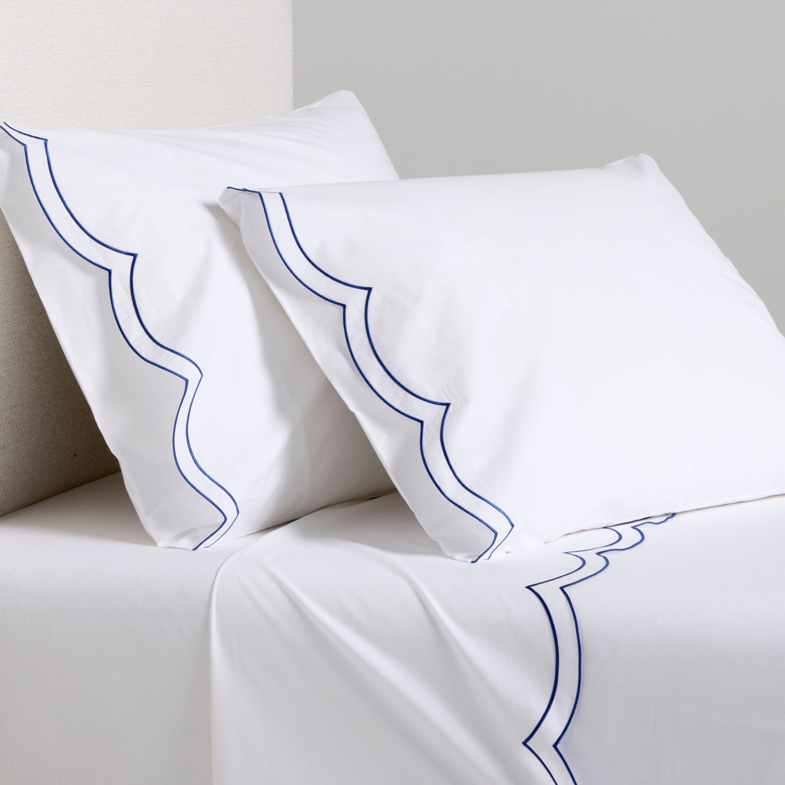 Blue Double Scallop Stitch Percale Sheet Set
