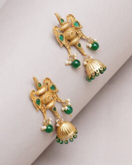 Women Handcrafted Green Bead Jhumka Earrings With Carved Top & Fish Motifs