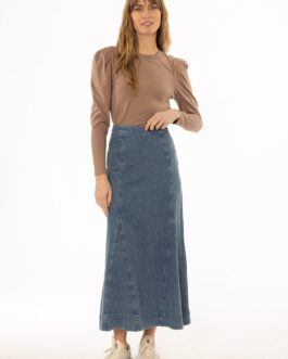 Light Blue Denim Godet Maxi Skirt