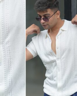 Ribbed FlatKnit White Half Sleeve Shirt