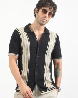 Black & Biscuit Proxy Cable Flat-Knit Half-Sleeve Polo Shirt
