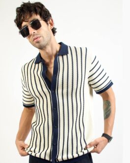 Cream Venice Stripes Flat-Knit Half-Sleeve Polo Shirt