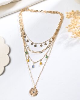 Women Gold-Plated Multi-Layered Necklace With Colorful Charms & Sunburst Pendant