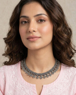 Women Oxidised Silver Beaded Necklace