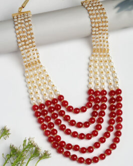 Women Handcrafted Red & White Beaded Layered Necklace