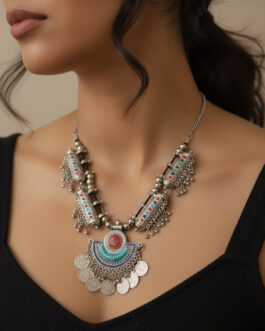 Women  Oxidized Silver Plated Multi Color Necklace With Coin Dangles