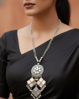 Women Oxidized Silver Plated Mirror Work Necklace