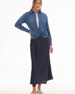 Navy A-Line Satin Effect Maxi Skirt