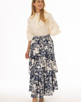 Navy Printed Tiered Maxi Skirt