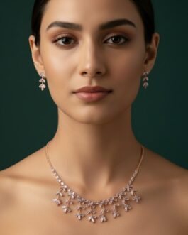 Women Rose Gold American Diamond Necklace With Earring