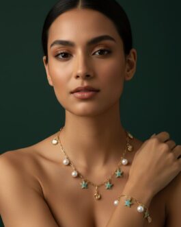 Women Trendy Stars & Pearls Necklace With Bracelet