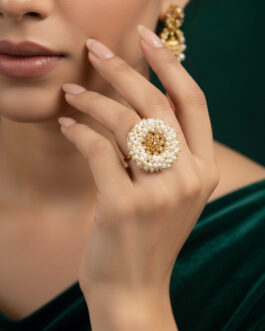 Women Gold Plated Ring With Beaded Flower