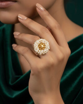 Women Fancy Golden Ring With Beaded Flower