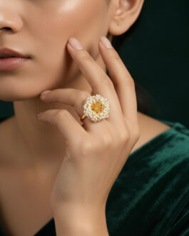 Women Beautiful Golden Ring With Beaded Flower