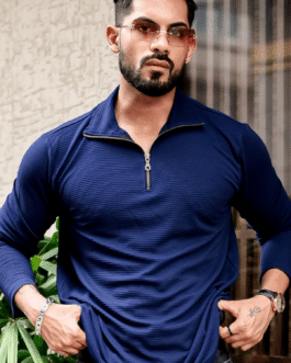 Navy Blue Self Design Zipper T-Shirt