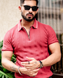 PEACH FLAT KNIT ZIPPER POLO T-SHIRT