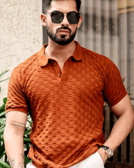 Brown Textured Flat Knit Polo T-Shirt
