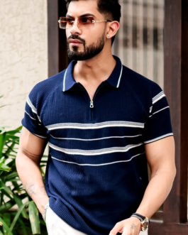 NAVY FLAT KNIT ZIPPER T-SHIRT