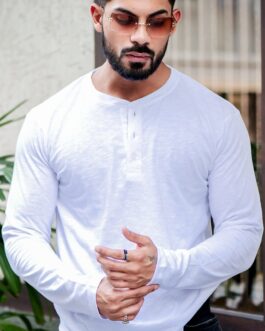 White Self Design Slub Henley T-Shirt