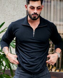 Black Self Design Zipper T-Shirt