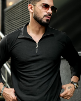 Black Self Design Zipper T-Shirt