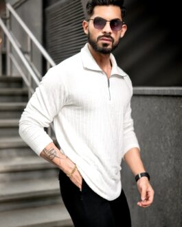 Self Design White Zipper Closure T-Shirt