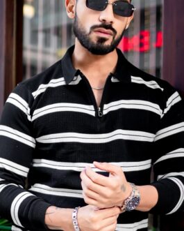 Black Zipper Flat Knit Polo T-shirt