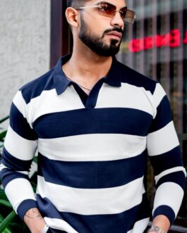Royal Blue White Flat Knit Pullover