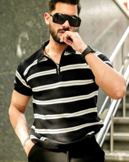 Black Textured Self Design Zipper T-Shirt
