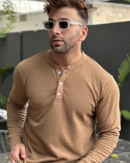 Brown Self Design Waffle Knit Henley T-Shirt