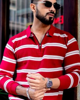Red Zipper Flat Knit Polo T-shirt