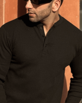 Black Self Waffle Knit Henley T-Shirt