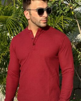 Maroon Self Waffle Knit Henley T-Shirt