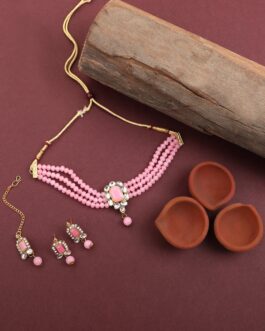 Women Pink Crystal Kundan Beautiful Choker Jewellery Set