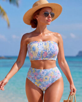 Smocked Strapless High Waisted Floral Bikini Set