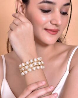 Women White And Gold Toned Perals Gold Plated Multi Strand Bracelet