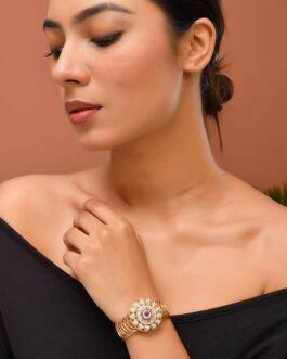 Women Stainless Steel Gold-Plated Kundan Studded Wraparound Circular Bracelet