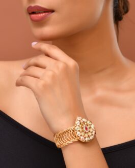 Women Stainless Steel Gold-Plated Kundan Studded Wraparound Bracelet