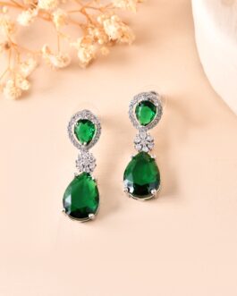 Women Silver Plated Green Stone Studded Floral Shaped Studs Earrings