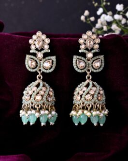 Women Mint Green Stone Studded Gold Plated Jumkas