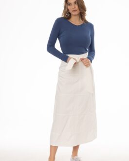 White Denim Belted A-Line Maxi Skirt
