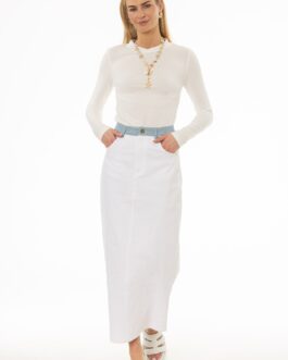 White Pinstripe Trim Denim Maxi Skirt