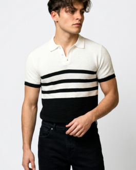 White Premium Flat Knit Stripe Polo T-Shirt