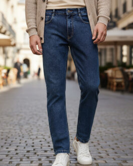 Men's Dark Blue Regular Fit Washed Jeans Stretchable
