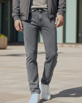 Men's Grey Regular Fit Washed Jeans Stretchable