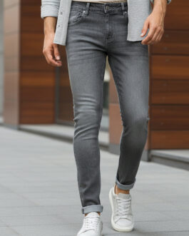 Men's Grey Regular Fit Washed Jeans Stretchable